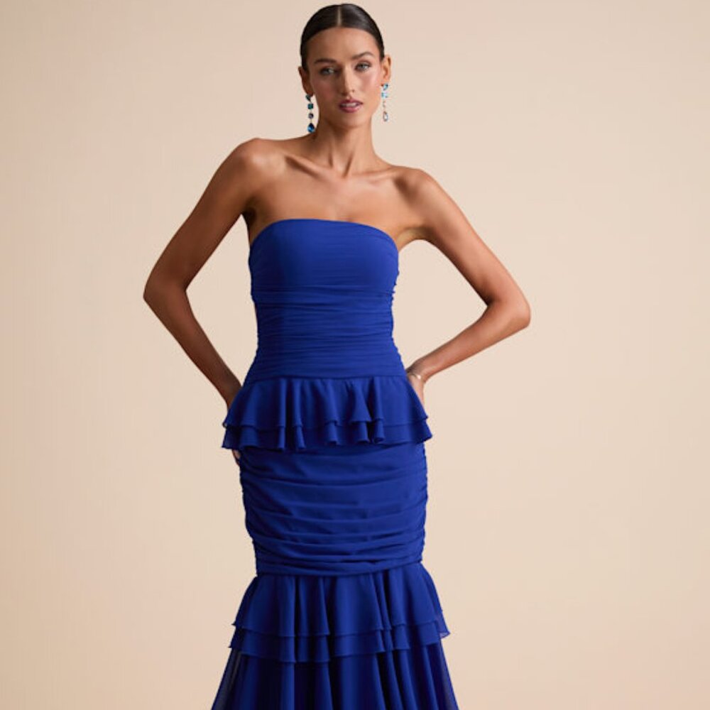 Lulus Loni Blue Strapless Ruffled Maxi Dress - Size L